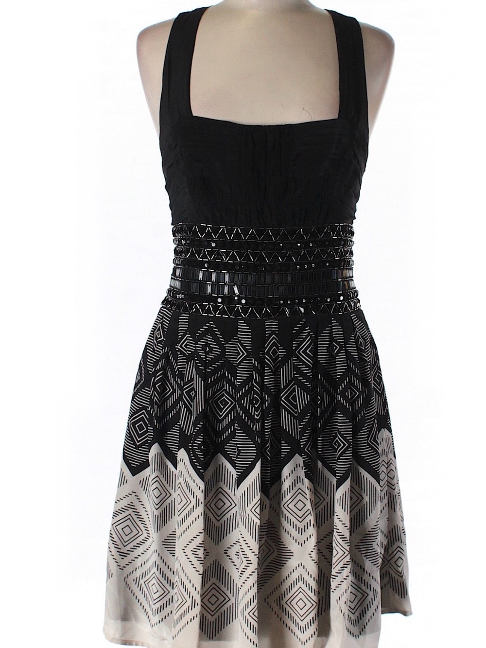 bebe Black and Cream Sleeveless Geometric Fit-and-Flare Dress